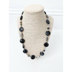 NWT Genuine Jasper, Agate & Pearl Beaded Necklace Gray Black Silver